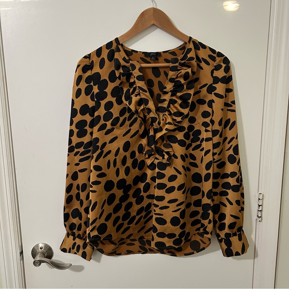 J. Crew | Women’s Long Sleeve Ruffle Orange and Black Dot Print Top | Size Small